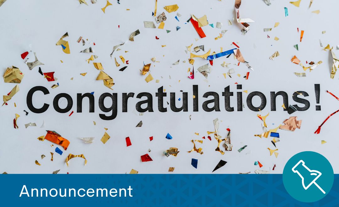 The word "congratulations" superimposed over colorful confetti on a pale background. Bottom banner reads "Announcement"