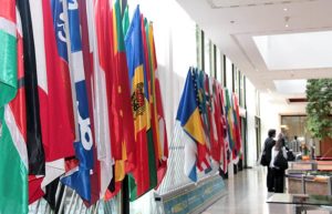 A row of international flags hanging in a building