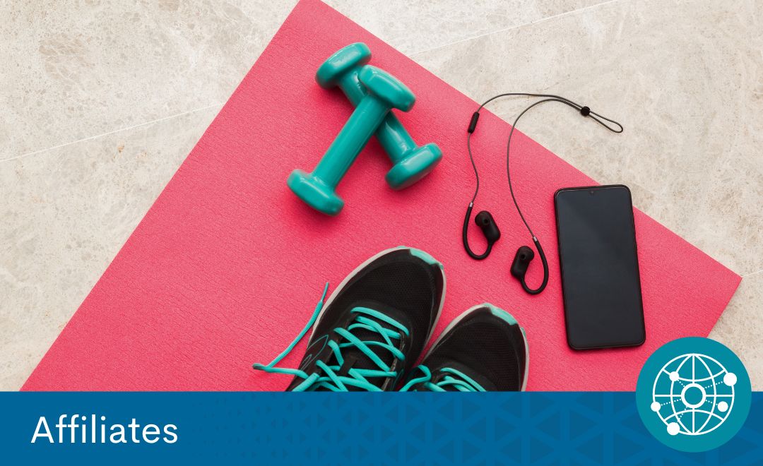 Running shoes, hand weights, and a smartphone with headphones on a red exercise mat. Text reads "Affiliates"