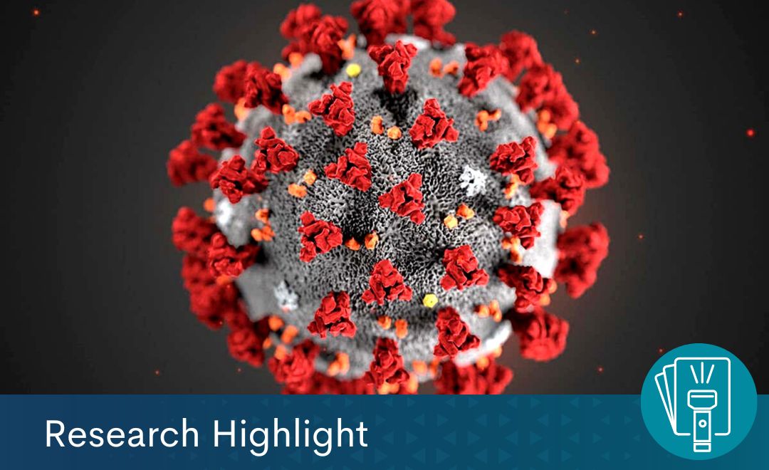 The COVID-19 virus. Text reads "Research Highlight"