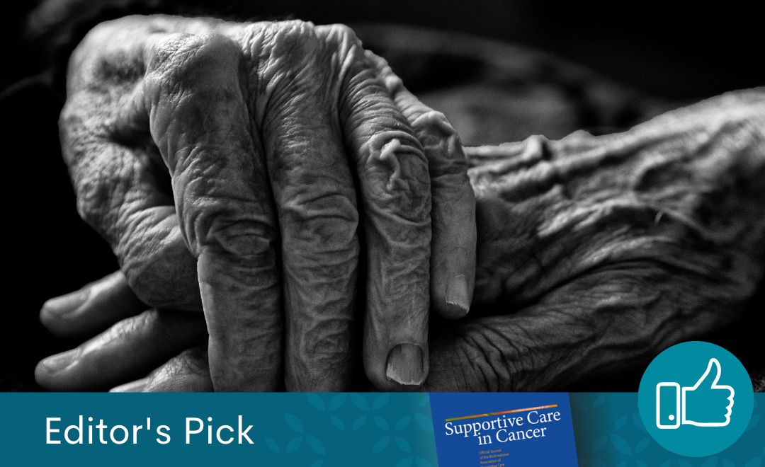 Two older people's hands touching on a dark background. Text reads "Editor's Pick"