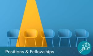 A row of empty chairs with a yellow spotlight highlighting one. Text at the bottom reads "Positions & Fellowships"