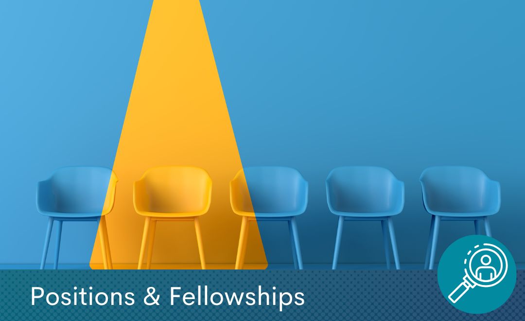 A row of empty chairs with a yellow spotlight highlighting one. Text at the bottom reads "Positions & Fellowships"