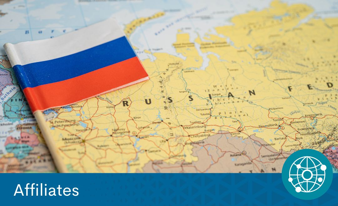 A map of Russia with the Russian flag on top. A blue banner at the bottom reads "Affiliates"