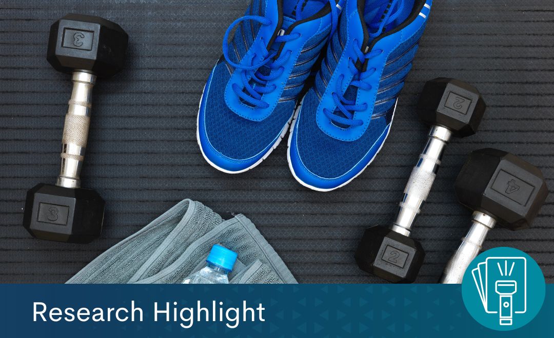 Blue running shoes and black hand weights on a dark background. Bottom banner text reads "Research Highlight"