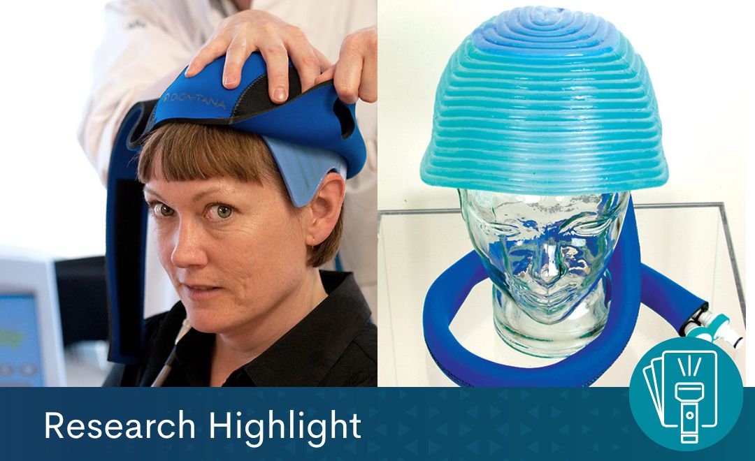 On the left, a person wearing a scalp cooling cap, and on the right, the cap sitting on a glass mannequin head. Text at the bottom reads "Research Highlight"