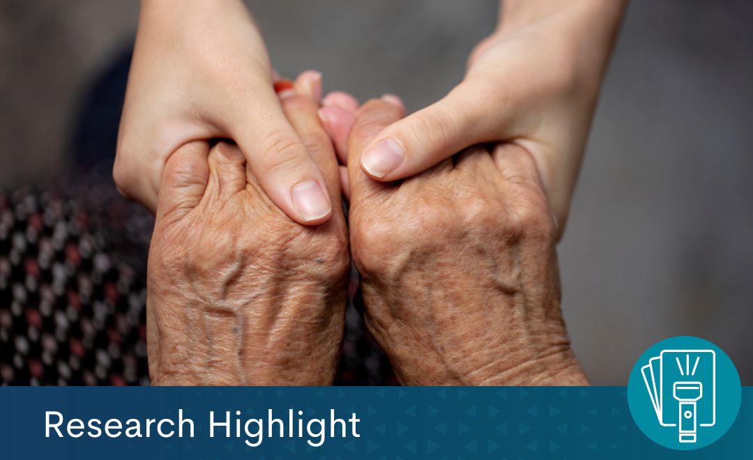 An elderly person holding hands with a younger person. Text at the bottom reads "Research Highlight"