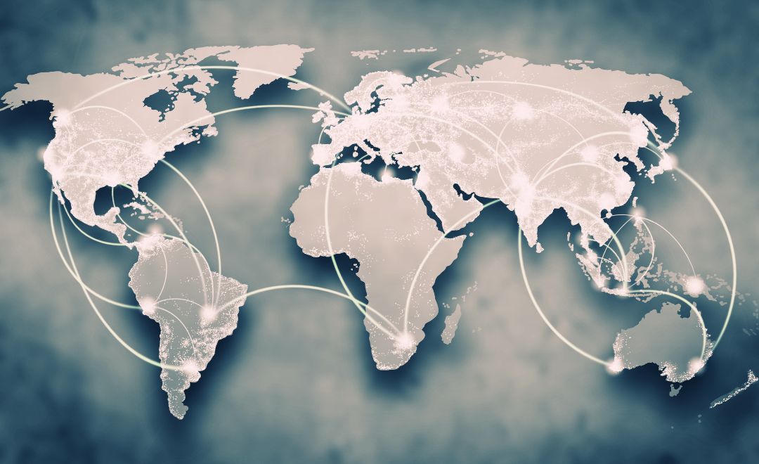 A map of the world showing lines connecting different regions