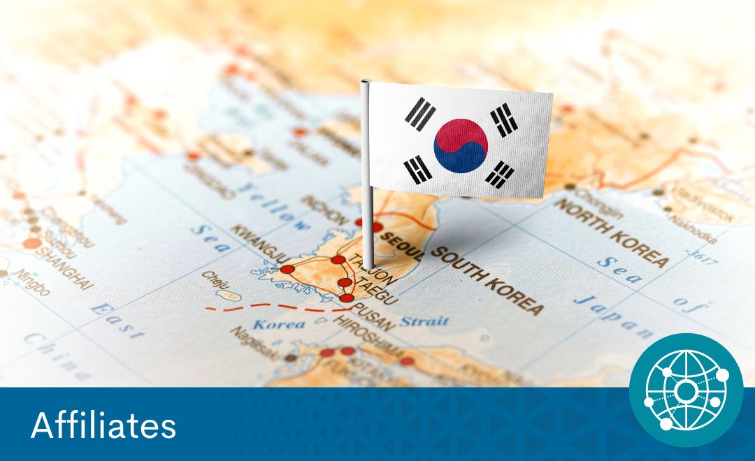 A map showing South Korea with a South Korean flag. Text at the bottom reads "Affiliates"