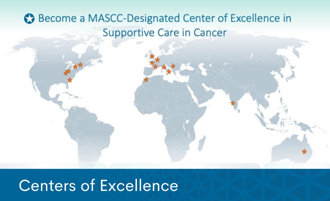 A map of the world with MASCC-Designated Centers of Excellence marked with stars