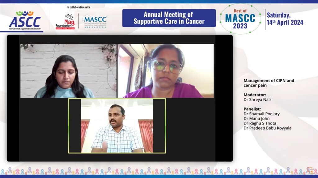 A screenshot of panelists speaking over Zoom during a session from the Best of MASCC India 2023.