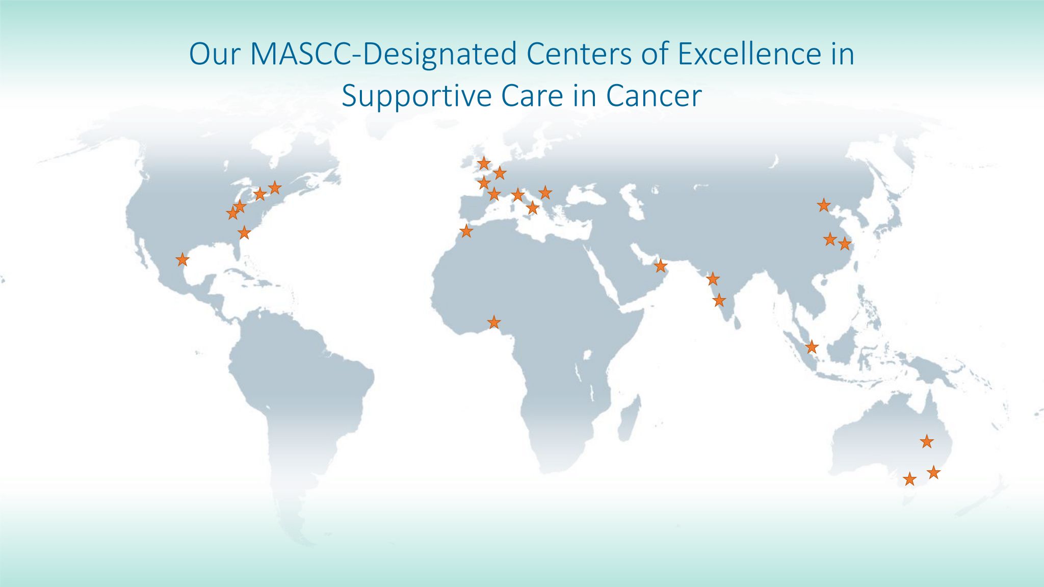 A map of the world with the locations of Centers of Excellence marked with stars.