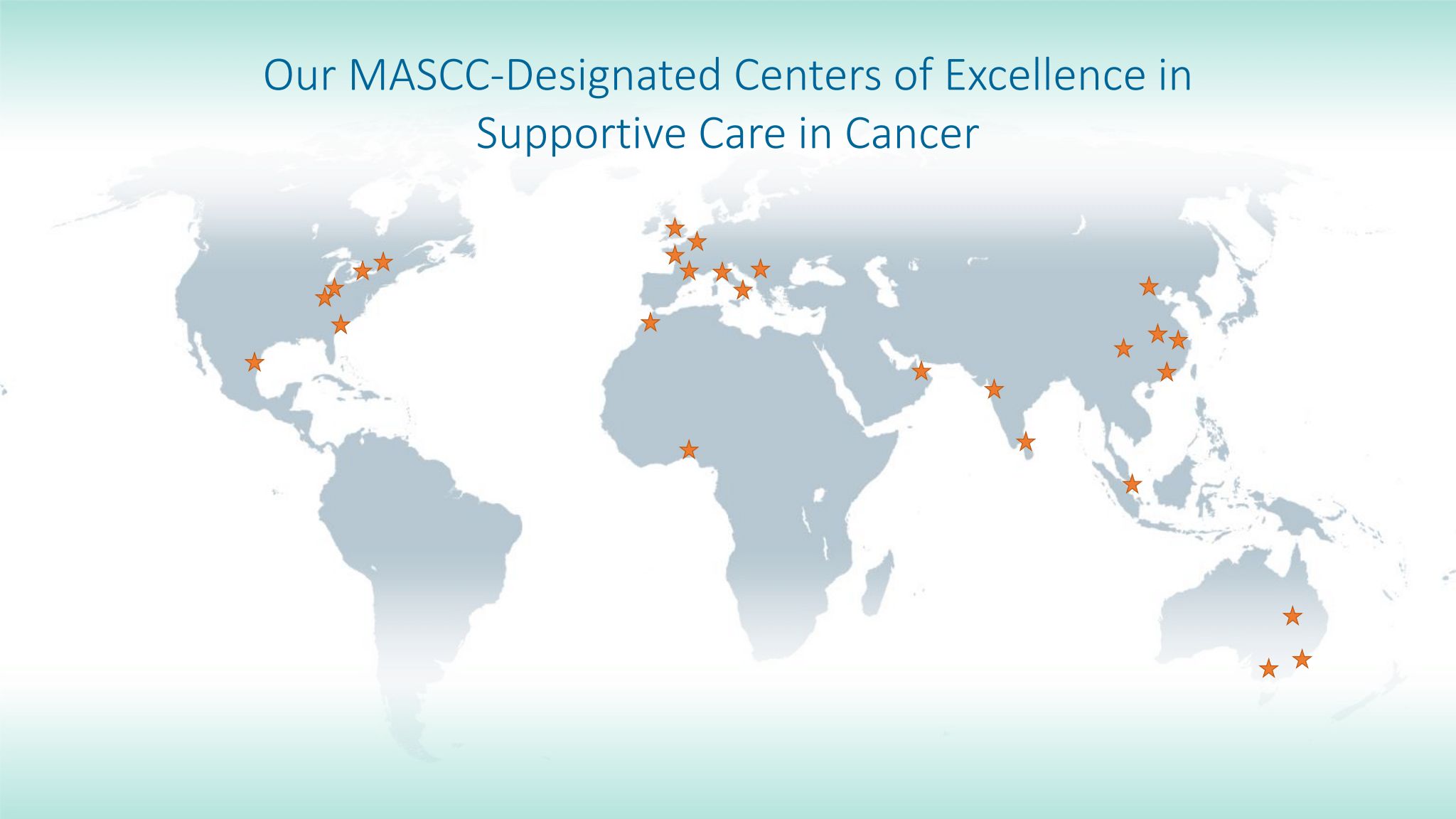 A map of the world with the locations of Centers of Excellence marked with stars