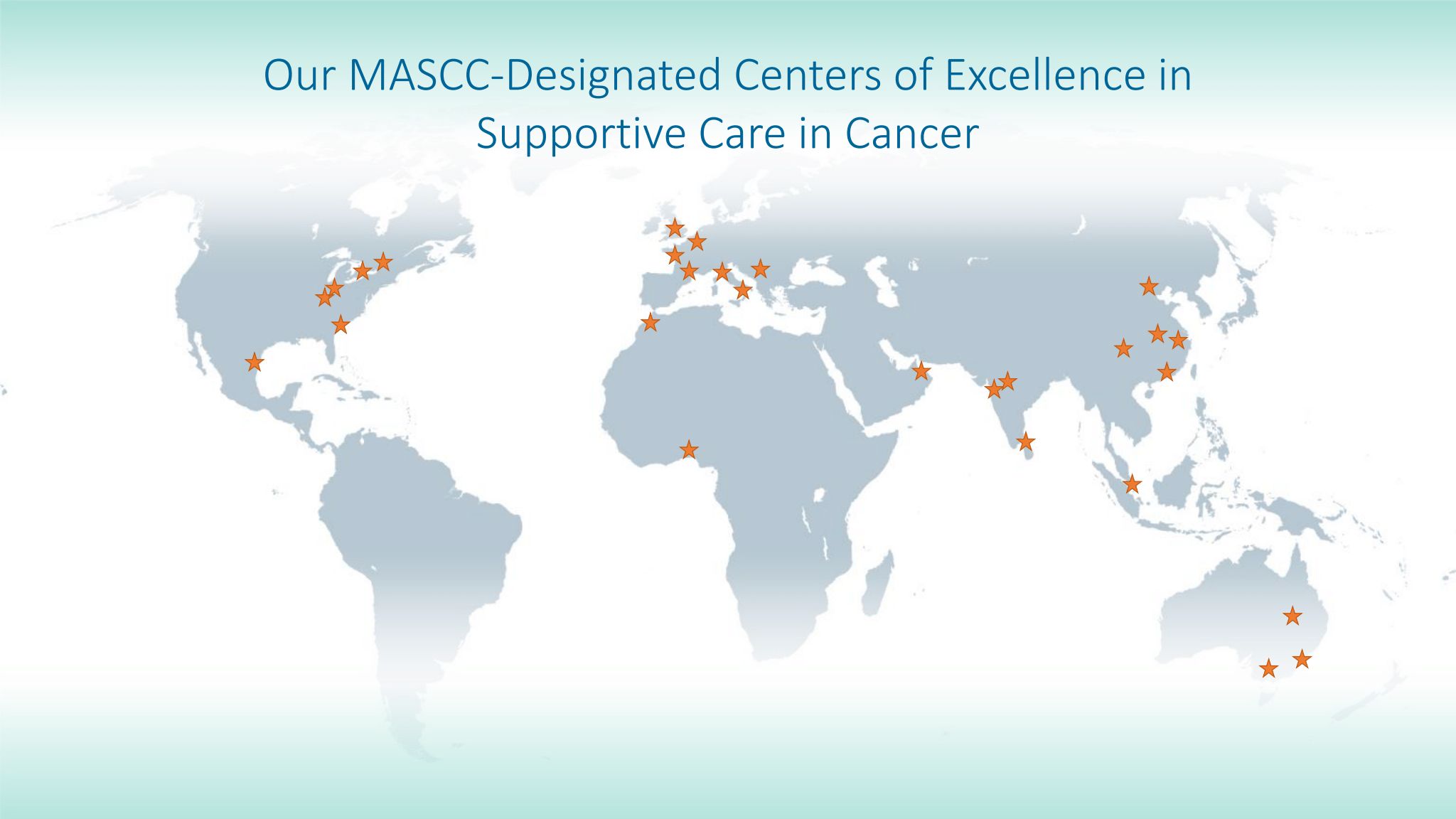 A map of the world with the locations of Centers of Excellence marked with stars