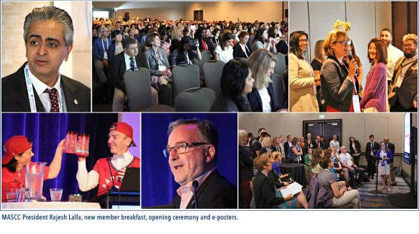 Sanfran Highlights 1 Photo collage of MASCC President Rajesh Lalla, new member breakfast, opening ceremony an e-posters